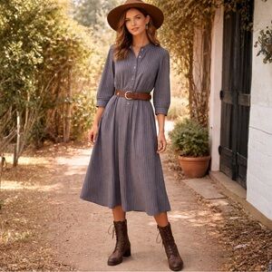 VINTAGE J Jill Blue-Tan Striped Button Down Midi Dress, Modern Prairie Western